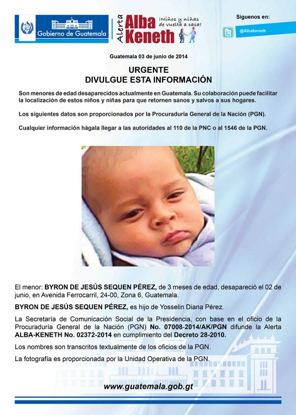 BYRON DE JESÚS SEQUEN PÉREZ, de 3 meses de edad, desapareció en Avenida Ferrocarril, 24-00, Zona 6, Guatemala.