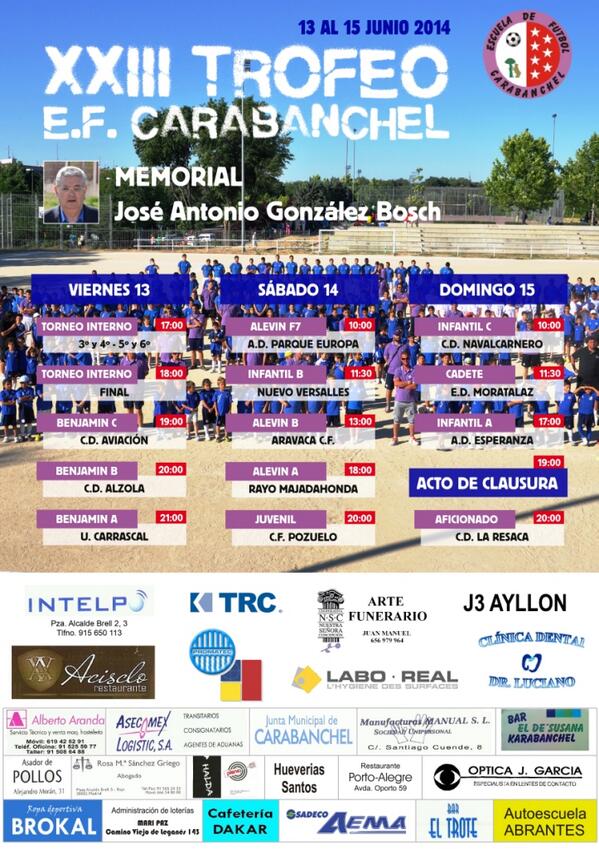 sergiolopezDT's tweet photo. "@EFCARABANCHEL: XXIII TROFEO @EFCARABANCHEL "MEMORAL JOSE ANTONIO GONZALEZ BOSCH" http://t.co/pJT6aJqfg7" Sera un fin de semana especial!!