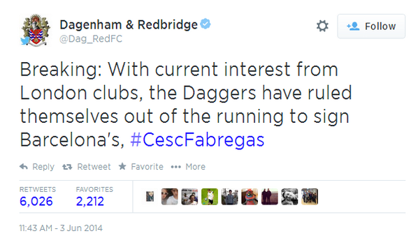 paddypower's tweet photo. The bad news continues to come for Cesc Fabregas as Dagenham &amp; Redbridge rule themselves out of signing him! http://t.co/mDFcU2rdSb