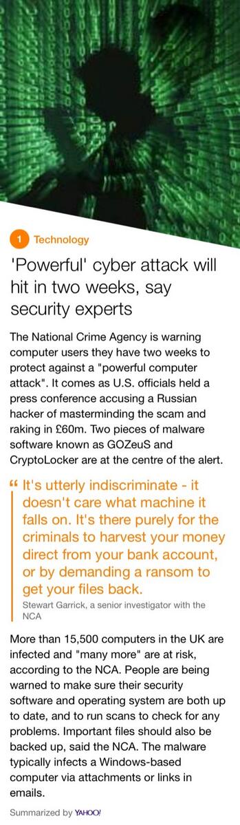 actionmansaha's tweet photo. 'Powerful' cyber attack will hit in two weeks, say security experts #cyber. http://t.co/LN6jBFNrwv http://t.co/NML35xRjqi