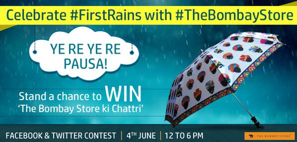 thebombaystore's tweet image. Don't forget to tune in at 12 pm tomorrow to win quirky umbrellas from The Bombay Store! #FirstRains #TheBombayStore