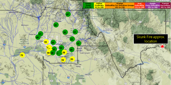 NWSPhoenix's tweet photo. What's with the haze this AM? East winds filtering in smoke from #SkunkFire. @FCDMaricopa's Air quality map. #azwx http://t.co/HNRdGobiLl