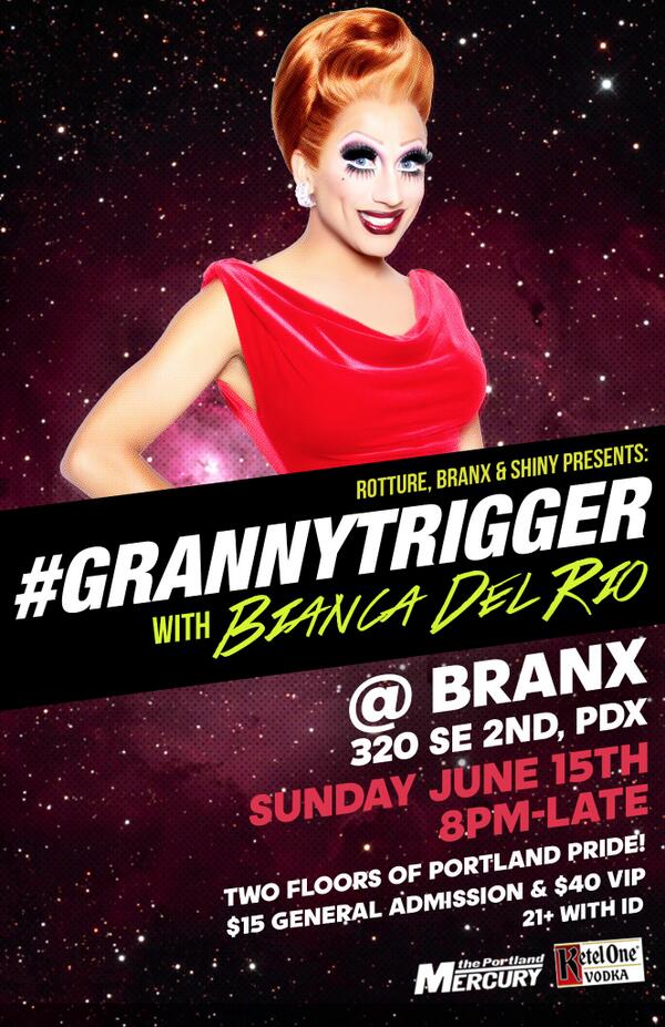 PdxPipeline's tweet photo. Tonight: Pride party #GRANNYTRIGGER feat @RuPaulsDragRace S6 WINNER @TheBiancaDelRio -> http://t.co/BtCmK9CiJ6 | http://t.co/NVSpBYvcTL