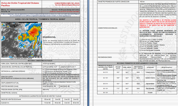 conagua_clima's tweet photo. AVISO DE LAS 16:30h:  CICLON TROPICAL “TORMENTA TROPICAL #BORIS” http://t.co/VFl0lfP1mN