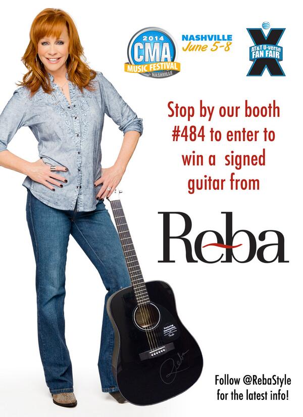rebastyle's tweet image. Who's coming to Nashville for #CMAFest2014? Stop by booth #484 and enter to win this guitar signed by @reba #CMAFest