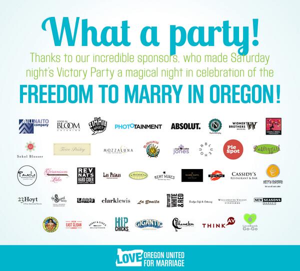 OR4Marriage's tweet photo. THANK YOU to all of our sponsors who made our Victory Party celebrating marriage in #OR a HUGE success! #OR4M #LGBT http://t.co/0WFariur89