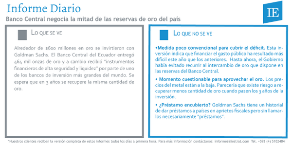 IEGroup_EC's tweet photo. Estado invierte oro en Goldman Sachs para financiarse. Pero ¿es esto conveniente? --> http://t.co/RHN77aTNF4