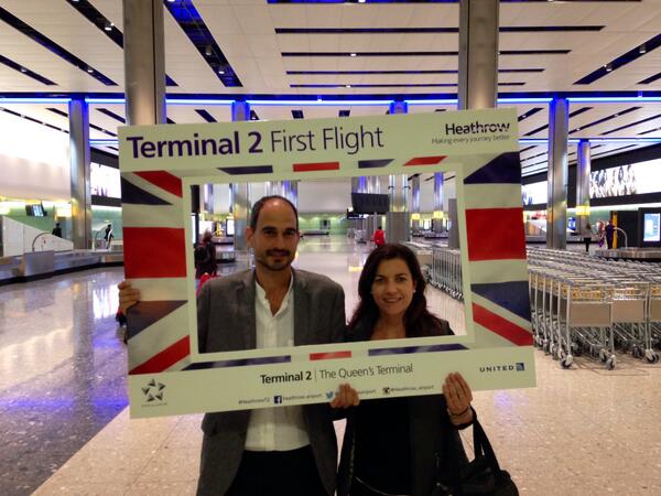 Oscar, a proud #HeathrowT2 architect alongside Luis Vidal, has just arrived on the first flight w/ his wife Christina