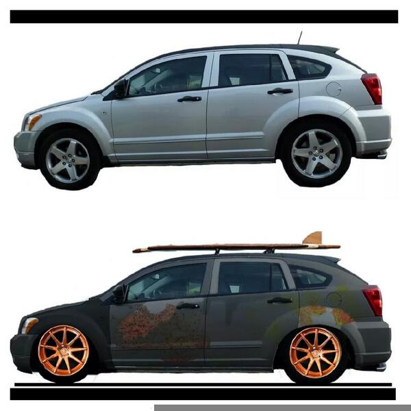 MikeDesigns93's tweet photo. The original Stock Image &amp; the #ratrod #dodge #caliber I created in #photoshop #cars http://t.co/zdyst4WfwX