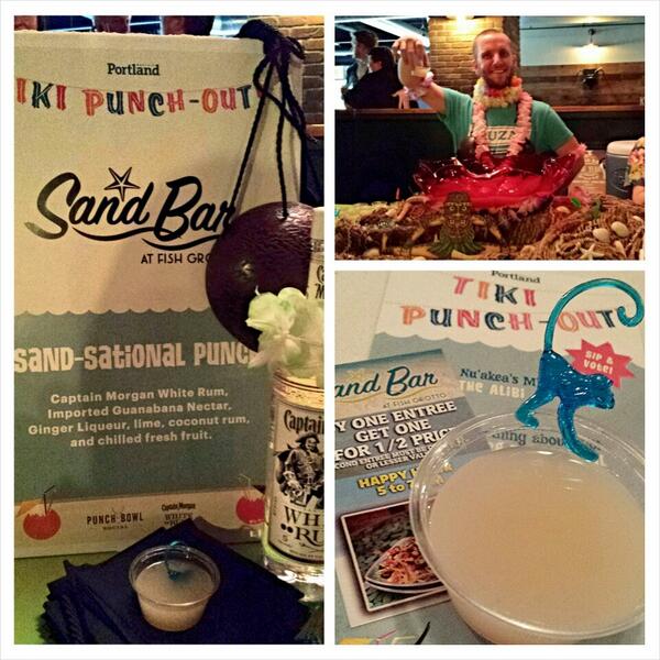 Portland Monthly and Captain Morgan Rum present Tiki Punch Out 2014, Sand Bar presented "Sand-sational Punch" with Captain Morgan White Rum, imported Guanabana Nectar, Ginger Liquor, lime, coconut rum, and chilled fresh fruit. They "lei'd" every taster and the little monkey adornment on the tasting cup