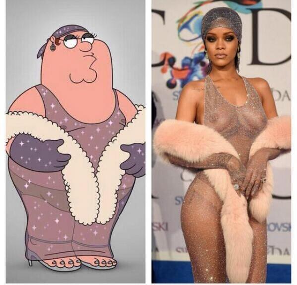 CauseWereGuys's tweet photo. #BroDiscussion 
Who wore it better?
RT for Peter Griffin
Fav for Rihanna http://t.co/NKX8byeuHT