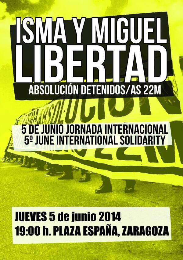 BREGARzgz's tweet photo. ¡Les queremos libres y lo queremos YA! Mañana 19h Plz.España #LibertadPresos22M @Todxsconmiguel @Libertad_Isma RT http://t.co/0RpMyjC3RW
