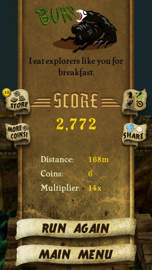 melsyson's tweet photo. I got 2,772 points while escaping from demon monkeys. Beat that! http://t.co/vVXsbPs7fx #TempleRun http://t.co/YLDvOobT7Q