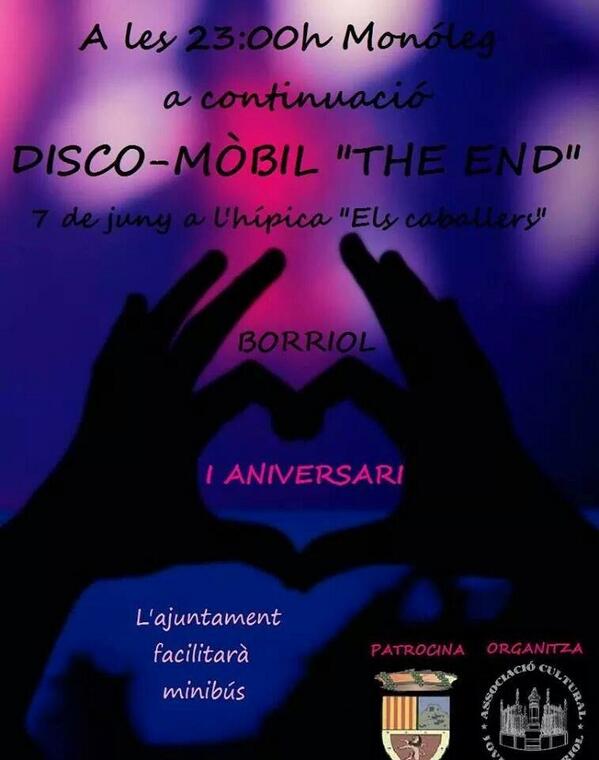 AssJovesBorriol's tweet photo. El proper dissabte celebrarem el I Aniversari de la Associacio de Joves de Borriol amb monoleg i discomovil The End http://t.co/NicRHD6aO4