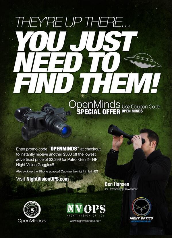 nightopticsusa's tweet photo. New Ad for @openmindstv @BenHansen00 @NightVisionOps #skywatch #nightvision #SpecialOffers  #openminds http://t.co/SOKhtEHOsk