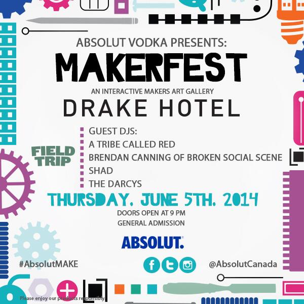 bssmusic's tweet photo. .@AbsolutCanada Makerfest is coming to @DrakeHotel. June 5. @canningb will be there. You should too. http://t.co/KFaZt1oEX1