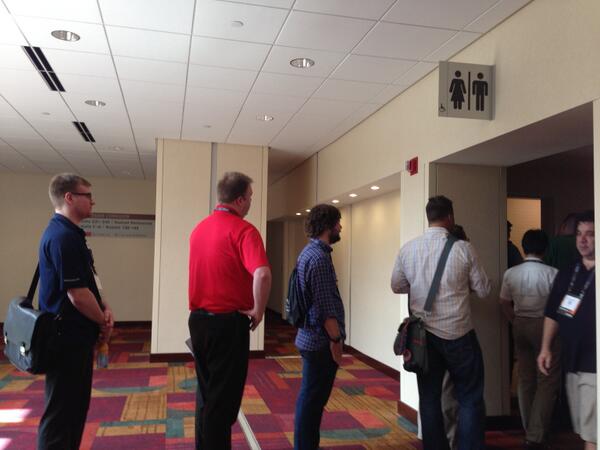 blairplez's tweet photo. you know you’re at a tech conference when…long line for men’s room, no line for women’s room. #InteractIndy14 http://t.co/IDhDoAsQP6