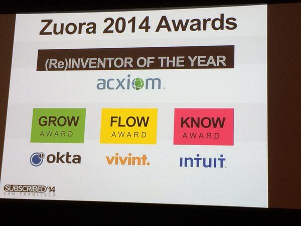 SnapLogic's tweet photo. Congrats to our customer @Acxiom! RT @Zuora: Winner of the #Subscribed14 Reinventor of the Year Award goes to Acxiom! http://t.co/N76wNTCcmK