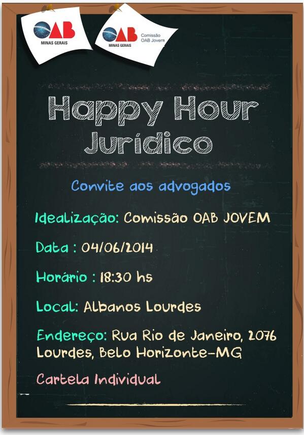 MARIANABARBOSAG's tweet photo. @TalinyMorena hoje teremos happy hour jurídico. Apareça e convide seus colegas. http://t.co/ayfkAs0cUN