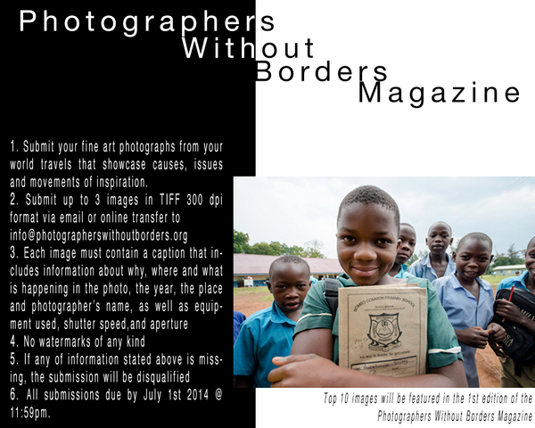 PhotographersWB's tweet photo. Submit your photos now!!
info@photographerswithoutborders.org
#magazinecontest #photocontest #socialchange http://t.co/Mm4fletv3c