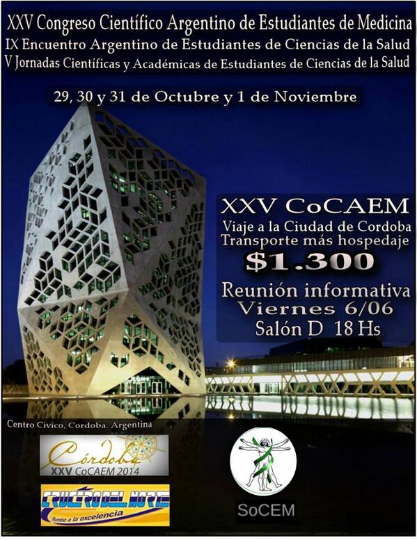 socemunne's tweet photo. AVISO: VIAJE AL XXV CoCAEM Córdoba 2014. -VIERNES 06/06 Salón 'D' 18 hs. Charla informativa.-
@socemunne http://t.co/3KWpPMs6Zf