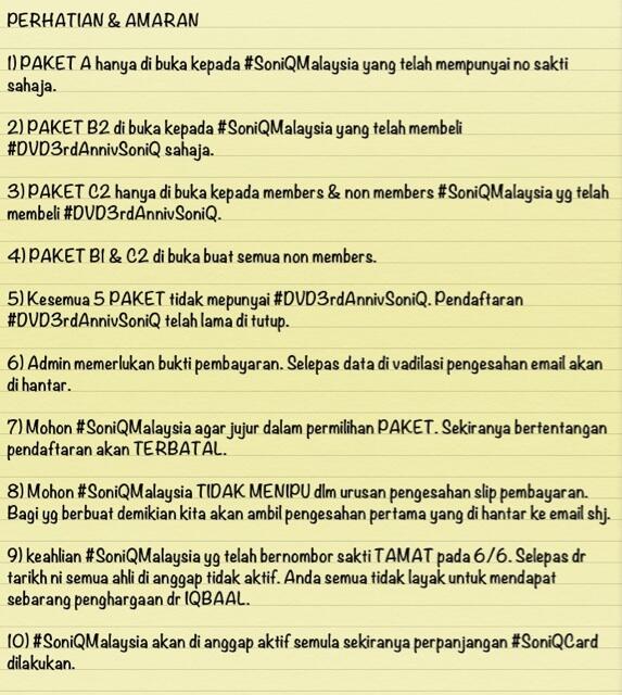 SoniQMalaysia's tweet photo. PERHATIAN buat semua #SoniQMalaysia #SoniQCard #DVDSFSII #TabungSoniQ #ProjectSoniQ http://t.co/5Axov6mJWv