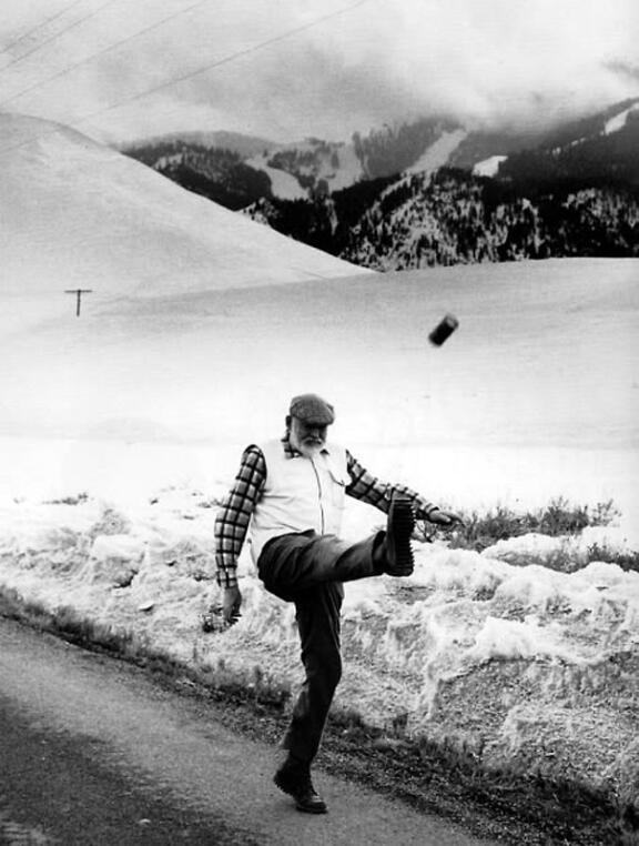HistoryInPics's tweet image. Ernest Hemingway kicking a beer can, 1959. Photograph by John Bryson.