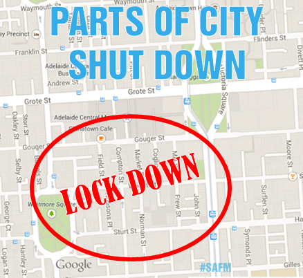 safm_adelaide's tweet photo. #Adelaide city in shut down as #SAPolice hunt Rodney Clavell. See map below for affect areas. #SAFMMHB http://t.co/3ueeDPeKzG