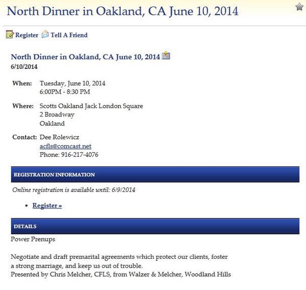 CA_ACFLS's tweet image. Come see Chris Melcher talk on POWER PRE-NUPS – 09/10 in Oakland. acfls.org/events/event_d… #CLE