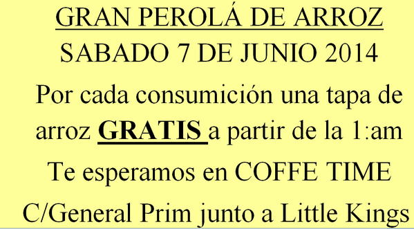 CoffeTimeAlcala's tweet photo. Sabado 7 de junio GRAN PEROLÁ!!! Por cada bebida una tapa de arroz!! te esperamos en C/ General Prim http://t.co/wiHb5Z155k