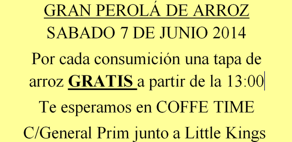 CoffeTimeAlcala's tweet photo. Sabado 7 de junio GRAN PEROLÁ!!! Por cada bebida una tapa de arroz!! te esperamos en C/ General Prim http://t.co/vozmQp3u0O