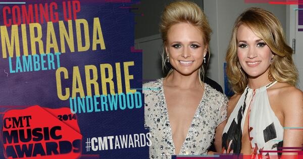 CMTAwardsLive's tweet photo. Comin' Up... @MirandaLambert and @CarrieUnderwood! #CMTawards http://t.co/XgXe8VKWc2