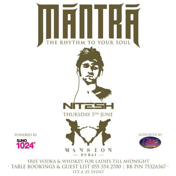 MansionDubai's tweet photo. @MantraNights at @MansionDubai with @NiteshLakhiani Tonight! Free #Whisky &amp; #Vodka For Ladies Till Midnight! #Weekend http://t.co/0P2sFM7PRa