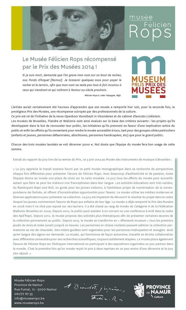 #communiqué de #presse le musée Rops récompensé pas le Prix des Musées 2014