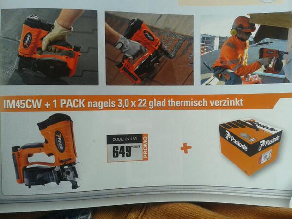 NIEUW! De #Paslode IM45CW, 1e asfaltnagelapparaat op gas! Nu 1 pack nagels 22mm cadeau voor €649,- #bitumen #shingles