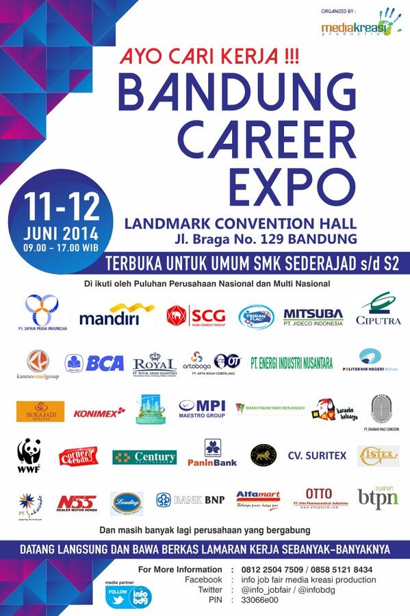 infobdg's tweet photo. Buat yg cari kerja, wajib ke #BandungCareerExpo 11-12 Juni (9AM) at Landmark Conv Hall | Info: @Info_jobfair http://t.co/YjolF7mlmH
