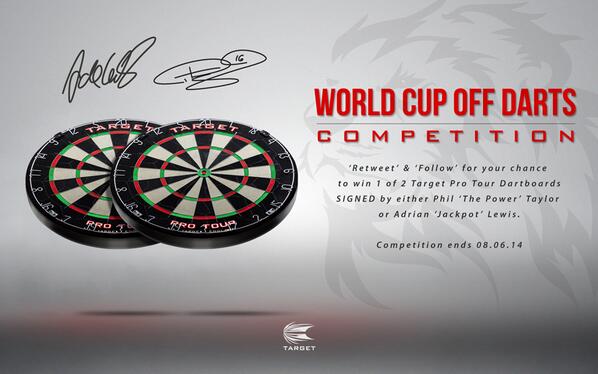 TargetDarts's tweet image. Retweet &amp;amp; Follow for a chance 2 win 1 of 2 Pro Tour Dartboards signed by @jackpot180 or @PhilDTaylor #WorldCupOfDarts