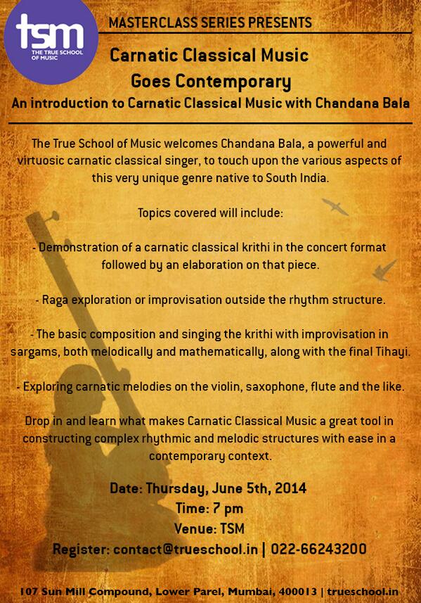 TrueSchoolMusic's tweet image. #TSMMasterclass Carnatic Classical Music goes Contemporary with Chandana Bala today 7pm!