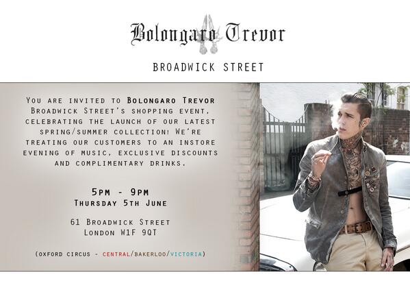 BTBroadwickSt's tweet photo. @EvilNil  The Party is today from 5PM at our store off Carnaby! 61 Broadwick St W1F! Come join us!! http://t.co/XZmOchyZOw
