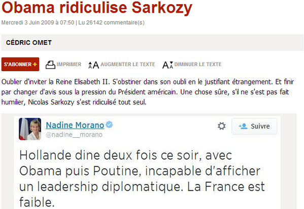 AncienMondiste's tweet photo. Madame Morano :
#DDay65 :
- Elisabeth II oubliée
- Obama à Paris mais refuse de rencontrer Sarkozy
France Faible? http://t.co/Qxi5Qo3F18