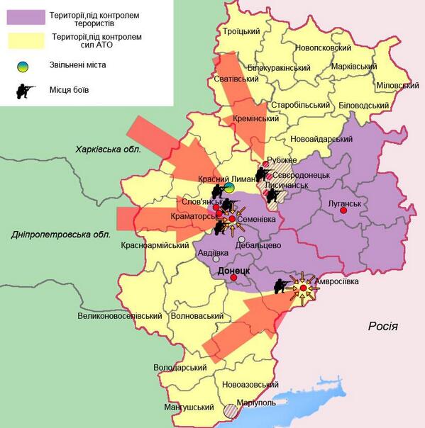 Map Ukraine Separatist Area Control Olga Tokariuk on Twitter: "A map of Donetsk and Lugansk regions: in violet, separatist-controlled areas, red arrows indicate #Ukraine army moves ...