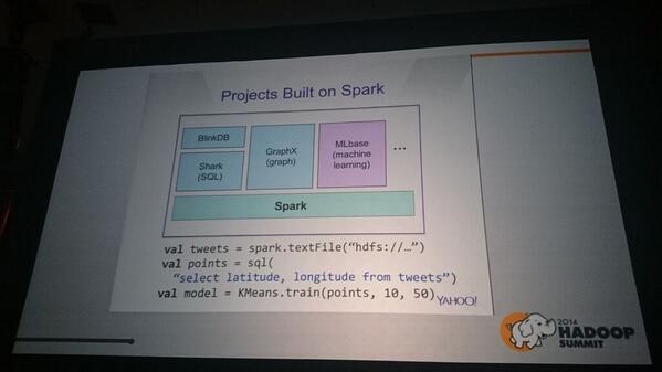 sawjd22's tweet photo. #hadoopsummit projects built on #spark - #shark, #graphx, #blinkdb http://t.co/1rVv2wz6P9