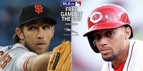 MLB's tweet photo. .@SFGiants, @Reds complete their set  in @MLBTV Free Game of the Day presented by @JaguarUSA: http://t.co/FT3fcI65ns http://t.co/YNDgXVrsPS