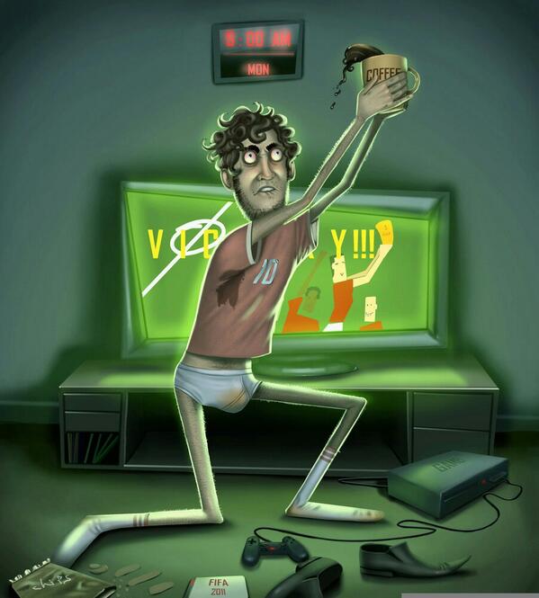 Popsaart's tweet photo. For victory! Artwork done for Means Health some time back. It's about what it means to a guy to finish a game http://t.co/HufImFBiUo