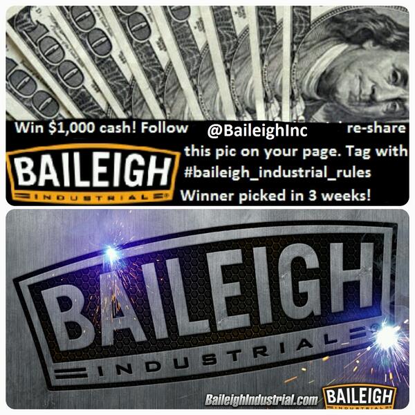 Want to win $1,000 cash in 3 weeks!? Follow <a href="/BaileighInc/">Baileigh Industrial</a> , re-share this pic and tag #baileigh_industrial_rules