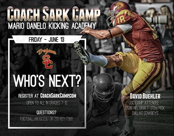 Sign-up now for the Mario Danelo Kicking Academy at USC on June 13. Register here: coachsarkcamp.com