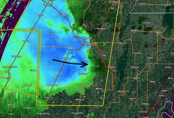 GregPostel's tweet image. Damaging wind gusts likely in this outflow. 90-100 mph at ~4K ft just south of Jonesboro, AR #arwx #bowecho 12:52 CDT