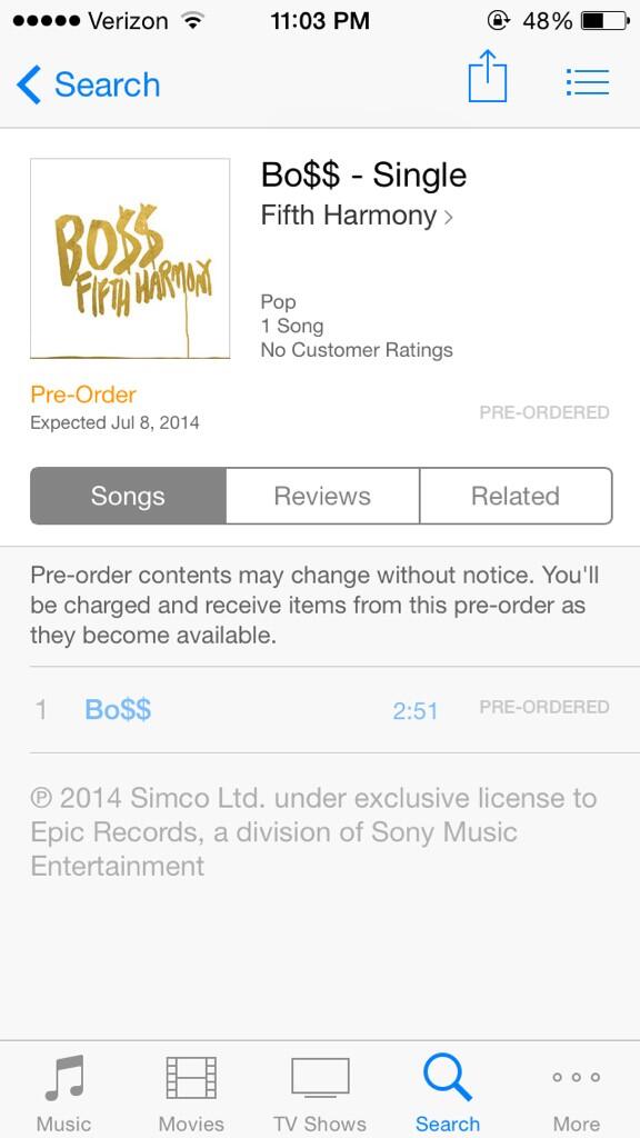 sapphicmarissa's tweet image. LOOK WHAT I JUT PRE-ORDERED @FifthHarmony #PreOrderBOSSoniTunes