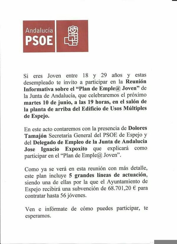 JSAEspejo's tweet photo. ¿Tienes dudas sobre el "Plan de Emple@ Joven"? El martes el #PSOE-Espejo explicará los detalles de como participar http://t.co/OScP5cElSt