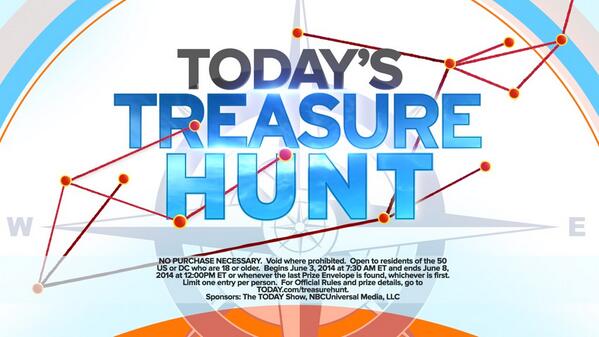 alroker's tweet photo. Bonus day for #TodayTreasure Hunt. Come on down to @TODAYshow and race to find an amazing prize this am http://t.co/OsqD9m0dtG